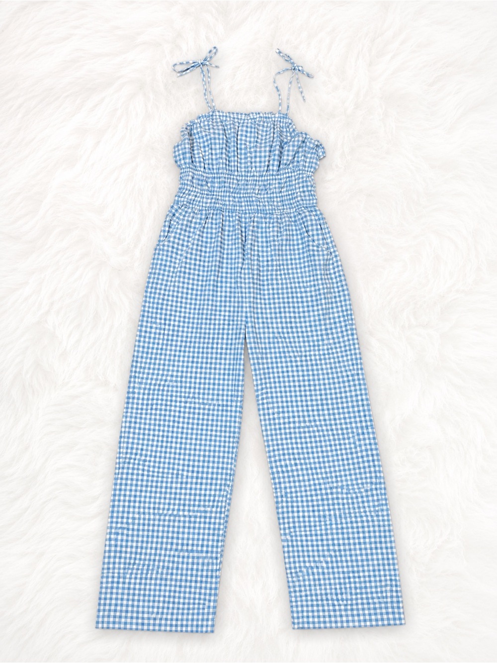 Sincerely Jules XL Blue Gingham Smocked Jumpsuit Wide Leg Pockets Cottagecore